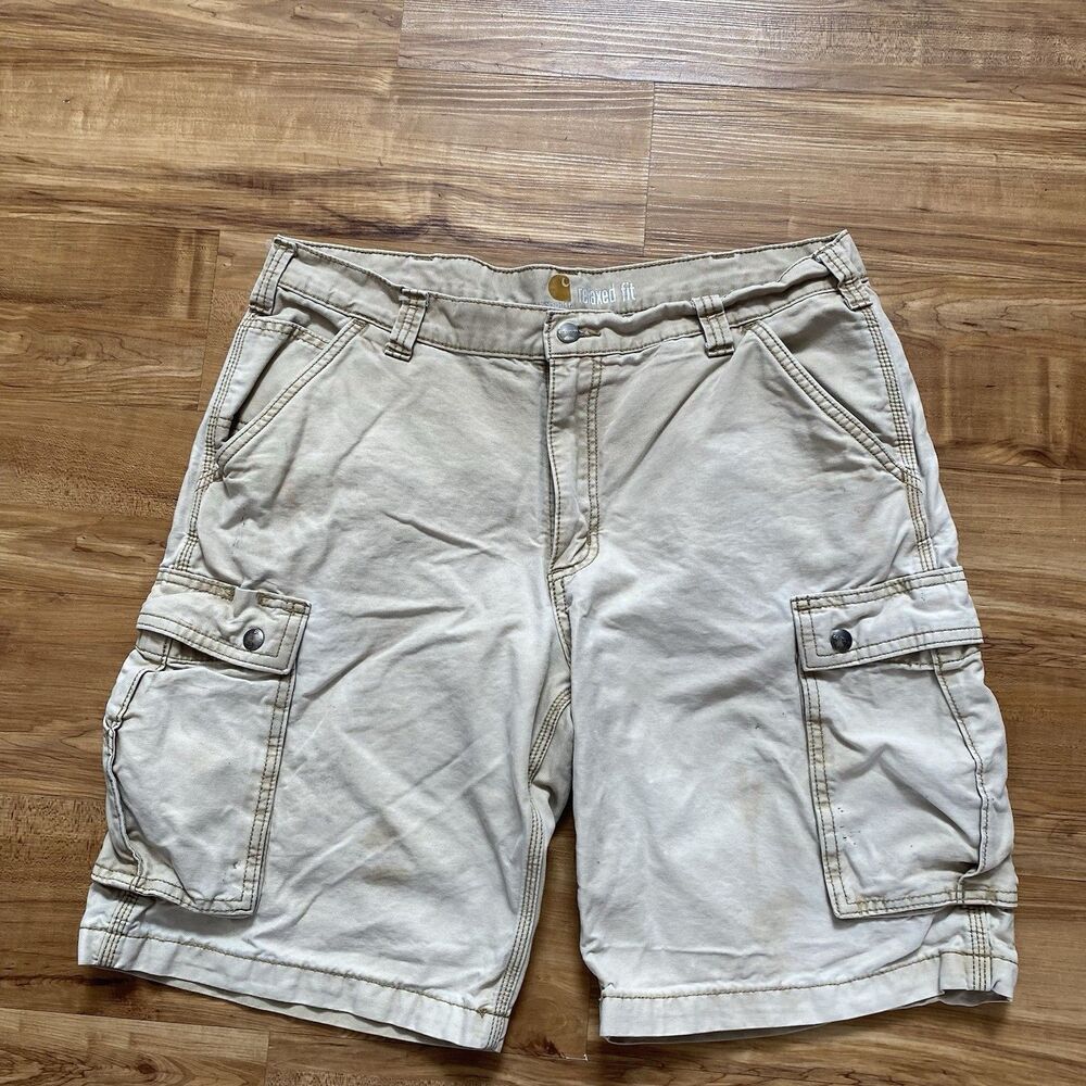 Carhartt Men's 36 Khaki Relaxed Fit Cargo Utility Thrashed 10" Shorts: Stains